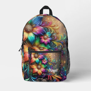 Mädchenhafte Regenbogenblumen mit Glitzer-Tropfen Bedruckter Rucksack