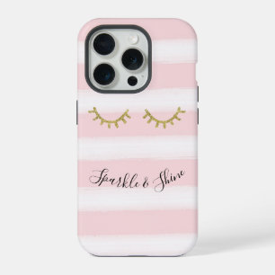 Mädchenhafte rosa Streifen Gold Glitter Wimpern iPhone 15 Pro Hülle