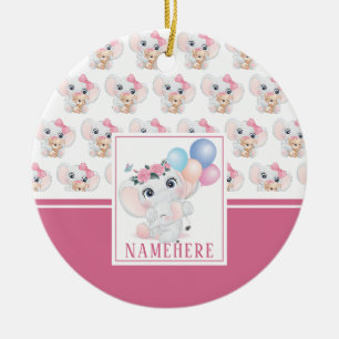 Mädchenhafter rosa Elefant mit Schleife und Ballon Keramik Ornament
