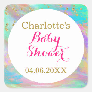 Mädchenhaftes Baby Shower Farbige Einhorn Gold Gli Quadratischer Aufkleber