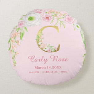 Mädchenhaftes florales Monogramm Baby-Statistiken Rundes Kissen