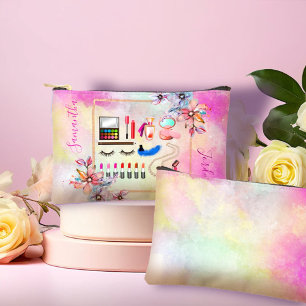 Mädchenhaftes Florales und Marmor-Rosa Make-up Zubehörtasche