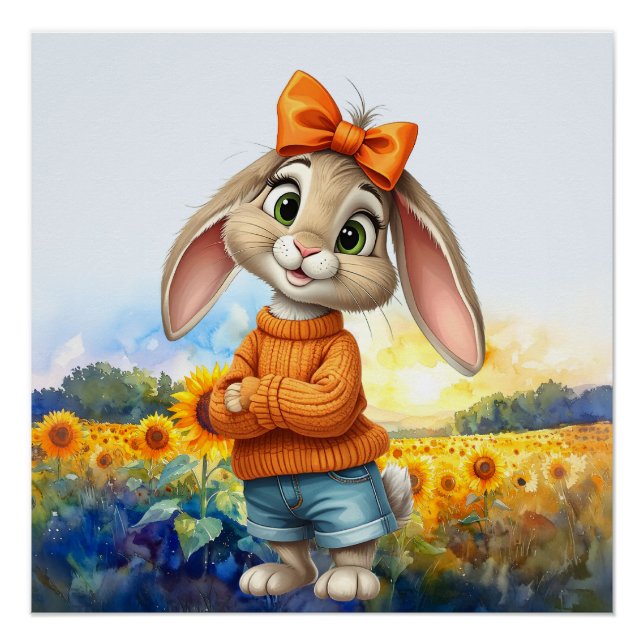 Mädchenhaftes Kaninchen Sonnenblumenfeld  Poster (Vorderseite)