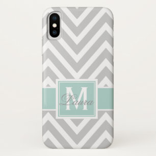 Mädchenhaftes Mintgrün Grau Chevron Monogramm Name Case-Mate iPhone Hülle