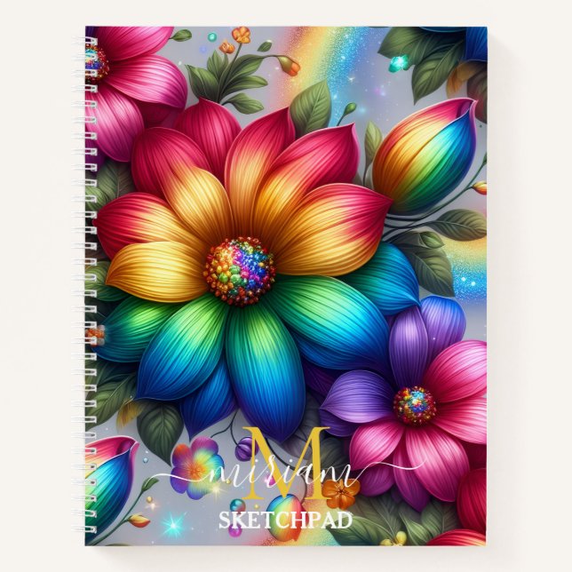 Mädchenhaftes Regenbogen-Blumen-Monogramm Notizbuch (Vorderseite)