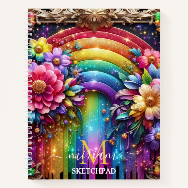 Mädchenhaftes Regenbogen-Blumen-Monogramm Notizbuch (Vorderseite)