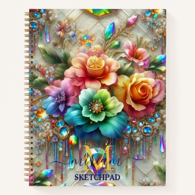 Mädchenhaftes Regenbogen-Blumen-Monogramm Notizbuch (Vorderseite)