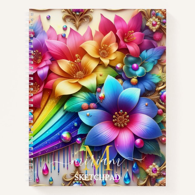 Mädchenhaftes Regenbogen-Blumen-Monogramm Notizbuch (Vorderseite)