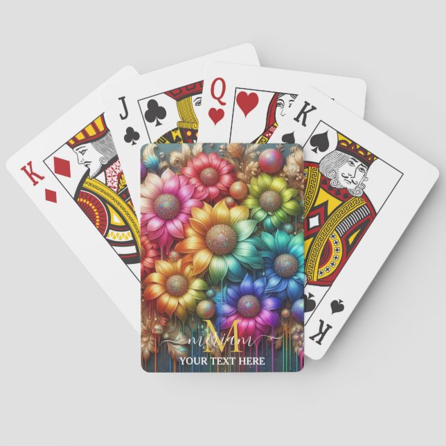 Mädchenhaftes Regenbogen-Blumen-Monogramm Spielkarten (Rückseite)