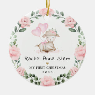 Mädchenhaftes rosa florales Kranz Baby erstes Weih Keramik Ornament