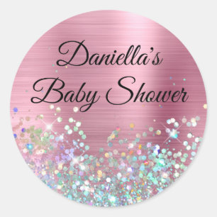 Mädchenhaftes rosa Folien-Holo-Glitter-Baby-Shower Runder Aufkleber