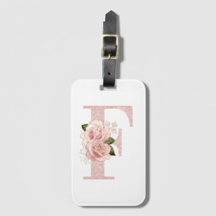 Mädchenhaftes Rosa Gold Glitter Blumen Monogramm F Gepäckanhänger