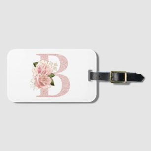 Mädchenhaftes Rosa Gold Glitter Blumenmonogramm B Gepäckanhänger