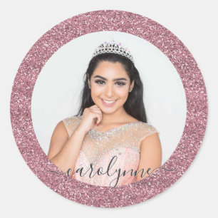 Mädchenhaftes Rosa Gold Glitter Name und Foto Runder Aufkleber