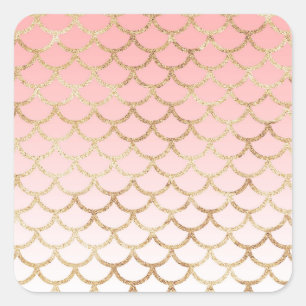 Mädchenhaftes Rosa und Gold Glitzer Glanz Meerjung Quadratischer Aufkleber