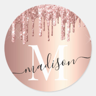 Mädchenhaftes Rose Gold Glitter Tropf Folie Monogr Runder Aufkleber
