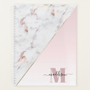 Mädchenhaftes Roségold Glitter Marmor Monogramm Planer
