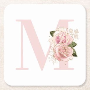 Mädchenhaftes roségold glitzerndes florales Monogr Rechteckiger Pappuntersetzer