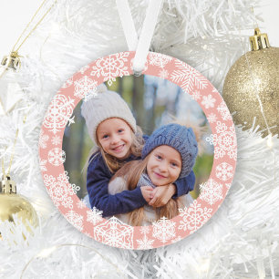 Mädchenhaftes Roségold-Schneeflocken-Froh und Freu Ornament