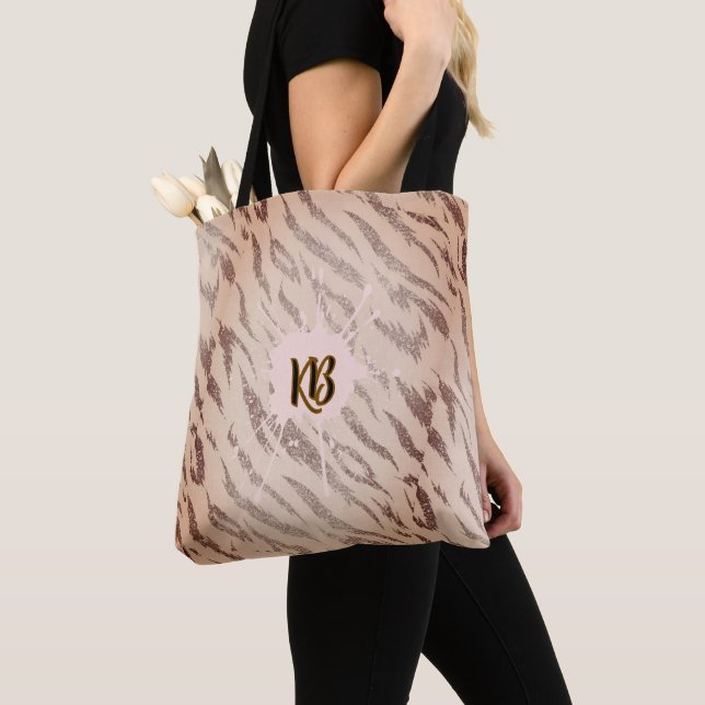 Mädchenhaftes Tiger-Monogramm Rosa Tiermuster Tasche (Von Nahem)