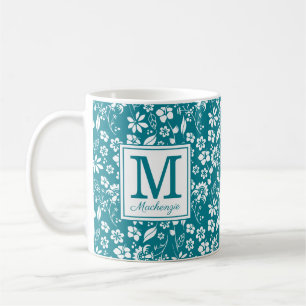Mädchenhaftes Türkis Tropical Blumen Monogramm Kaffeetasse