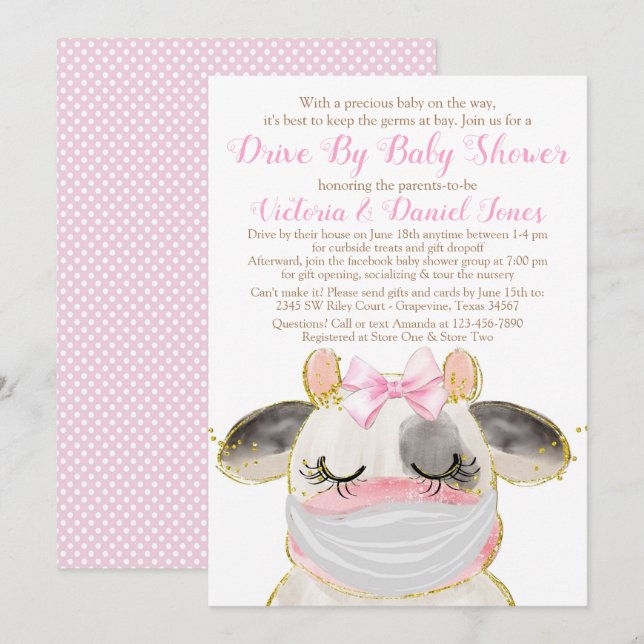 Mädchenkuhe mit Maskenantrieb mit Babydusche Einladung (Vorne/Hinten)