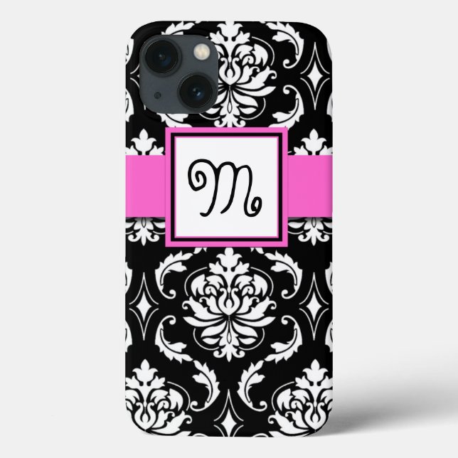 MÄDCHENMONOGRAM, PINK, SCHWARZES DAMASKPATTER Case-Mate iPhone HÜLLE (Rückseite)