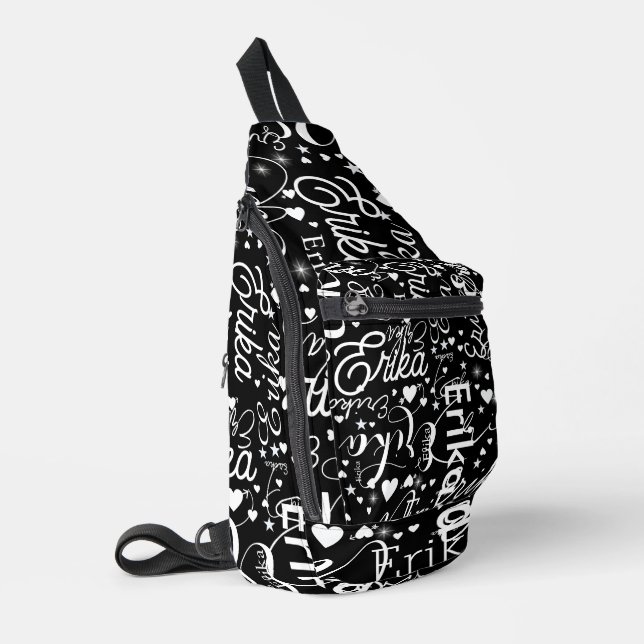 Mädchenname, Herz und Sterne schwarz-weiß Crossbody Bag (Linke Seite)