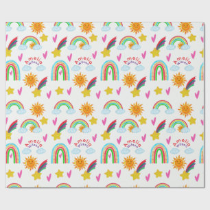 Mädchenname mit Regenbogen-Sonne-Stern-Muster für Geschenkpapier