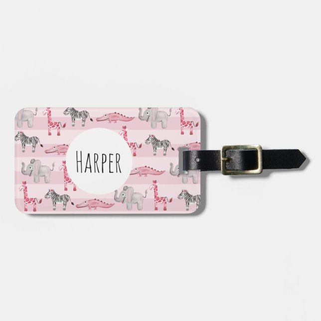 Mädchenname "Pink Watercolor Safari Pattern Kids N Gepäckanhänger (Vorderseite horizontal)