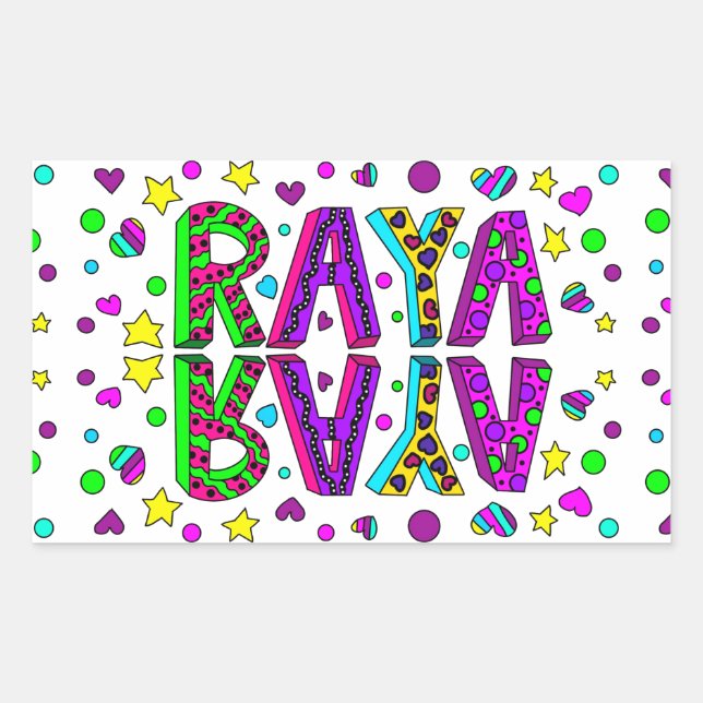 Mädchenname Raya mit Sternen und Herz Whimsical Rechteckiger Aufkleber (Vorderseite)