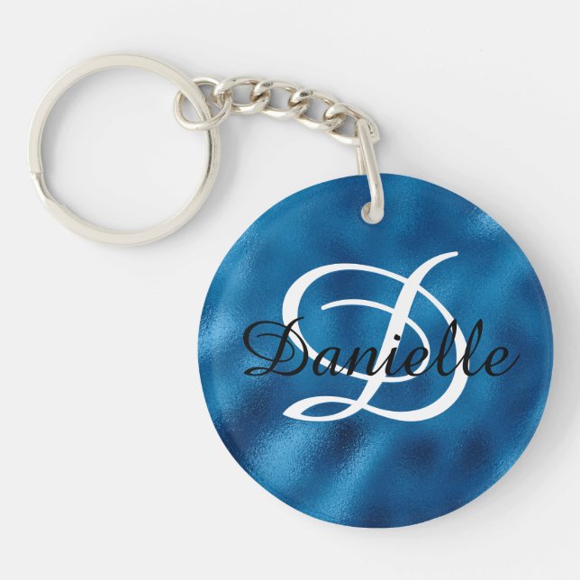 Mädchenname und Monogram Imitate Blue Foil Foto Schlüsselanhänger (Vorderseite)
