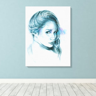 Mädchenporträt Bleistiftzeichnung Kunst Blau Leinwanddruck