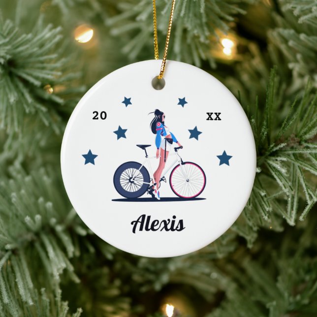 Mädchenradfahrer Fahrrad Kind Name & Jahr Keramik Ornament (Baum)