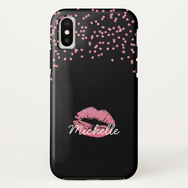 Mädchenrosa Glitzer Lippen Monogramm Name Case-Mate iPhone Hülle (Rückseite)