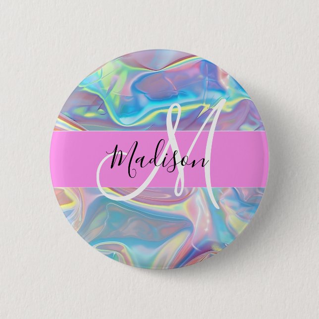Mädchenrosa Holografisch Iridescent Monogram Name Button (Vorderseite)