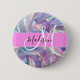 Mädchenrosa Holografisch Iridescent Monogram Name Button