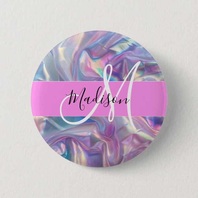 Mädchenrosa Holografisch Iridescent Monogram Name Button (Vorderseite)