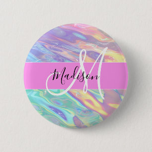 Mädchenrosa Holografisch Iridescent Monogram Name Button