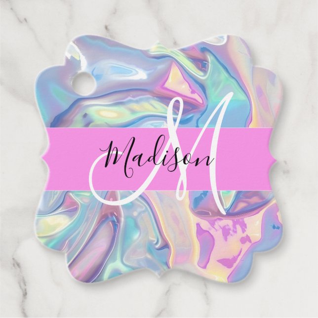 Mädchenrosa Holografisch Iridescent Monogram Name Geschenkanhänger (Vorderseite)