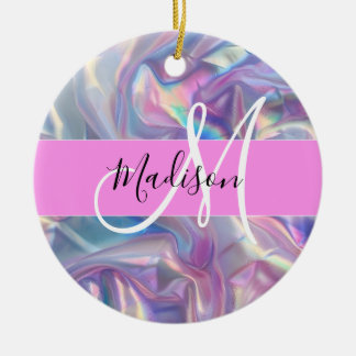 Mädchenrosa Holografisch Iridescent Monogram Name Keramik Ornament