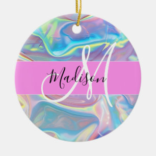 Mädchenrosa Holografisch Iridescent Monogram Name Keramik Ornament