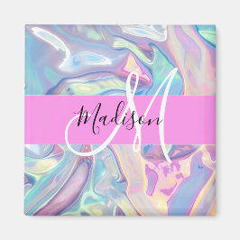 Mädchenrosa Holografisch Iridescent Monogram Name Magnet