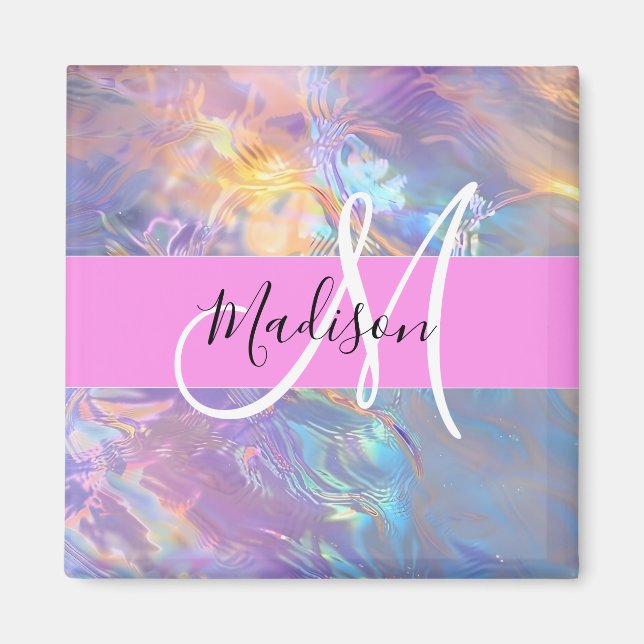 Mädchenrosa Holografisch Iridescent Monogram Name Magnet (Vorne)
