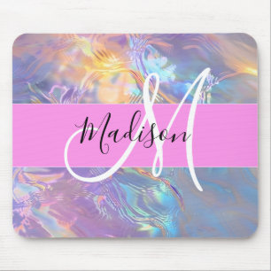 Mädchenrosa Holografisch Iridescent Monogram Name Mousepad