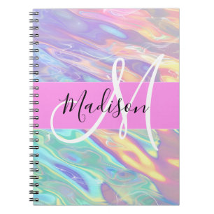 Mädchenrosa Holografisch Iridescent Monogram Name Notizblock