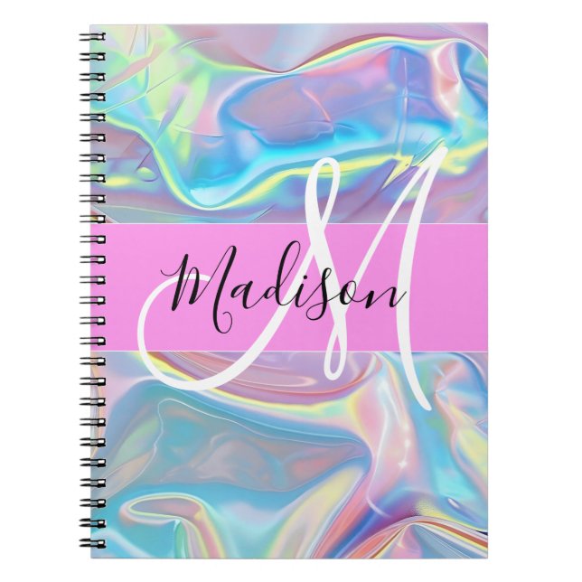 Mädchenrosa Holografisch Iridescent Monogram Name Notizblock (Vorderseite)