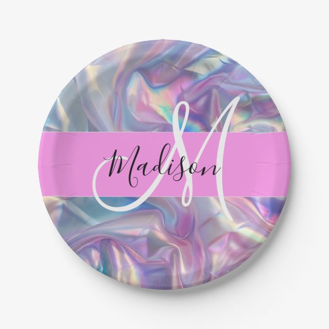 Mädchenrosa Holografisch Iridescent Monogram Name Pappteller (Vorderseite)