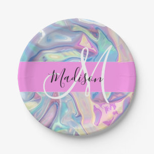 Mädchenrosa Holografisch Iridescent Monogram Name Pappteller