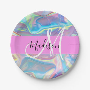 Mädchenrosa Holografisch Iridescent Monogram Name Pappteller